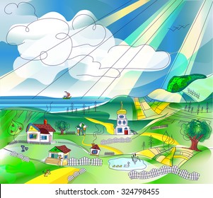 Rural landscape with sky, fields, hills, lake and sea. Country landscape background for your design, space for text