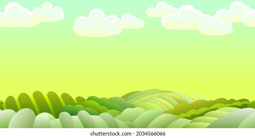 Rural landscape with sky and garden farmer hills. Cute funny cartoon design. Horizontally background seamless illustration. Flat style. Vector