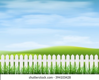 Rural landscape with sky, hills, grass and fence on foreground.