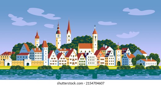 Rural Landscape With The Small Town, River And Trees In The Background. Handmade Drawing Vector Illustration.