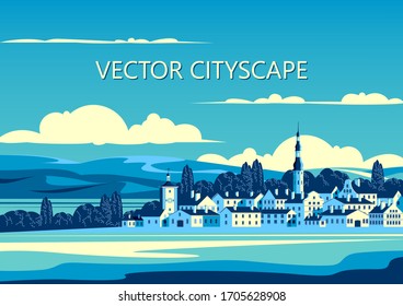 Rural landscape with the small town, trees and hills in the background. Handmade drawing vector illustration. Pop art style poster.