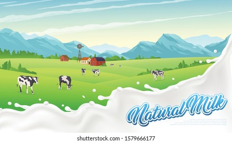 Rural landscape splash milk poster with liquid milky drops editable text and outdoor scenery with cows vector illustration