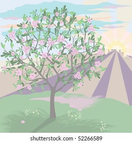 Rural landscape with stylized apple tree.