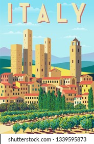 Rural landscape in summer day in Italy. Handmade drawing vector illustration. Poster in the retro style.