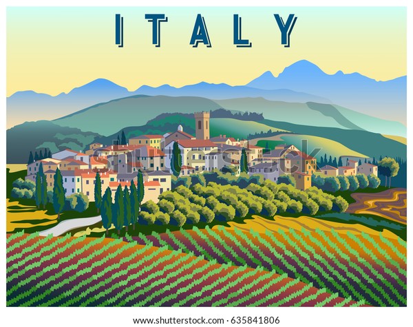 イタリアの夏の日の田園風景 手作りの描画ベクターイラスト アートデコ様式のポスター のベクター画像素材 ロイヤリティフリー