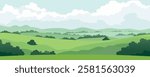 Rural landscape of summer meadows and fields, pastures, green trees and bushes against the backdrop of beautiful hills and large clouds