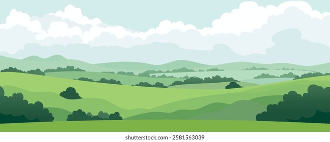 Rural landscape of summer meadows and fields, pastures, green trees and bushes against the backdrop of beautiful hills and large clouds