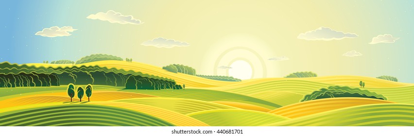 Rural landscape, summer sunrise, panorama view.