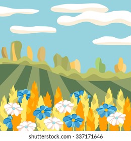 Rural landscape. Summer time. Abstract wheat field, white and blue wild flowers, cloud sky vector illustration.