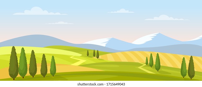 Rural landscape in summer vector illustration. Cartoon flat countryside farmland scenery with green grass agricultural field, mountain on horizon, tree growing along road. Scenic summertime background