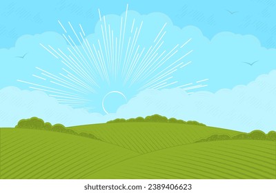 Rural landscape with sun and hills. Agricultural fields and gardens.