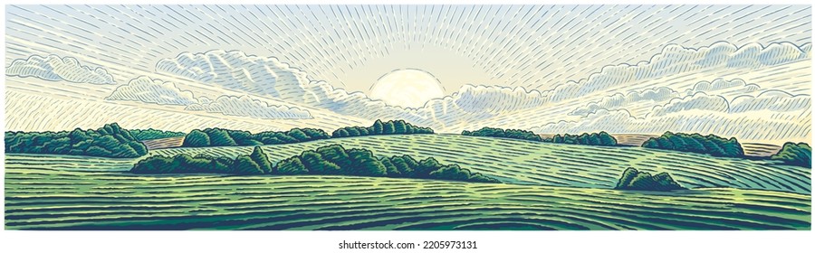 Rural landscape with sun and hills, panoramic format, drawn in graphical style and painted in color. Vector illustration.