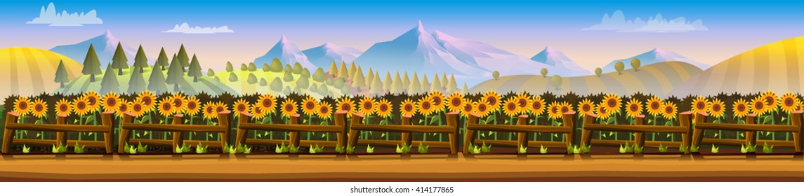 Rural landscape with sunflowers and mountain panorama.