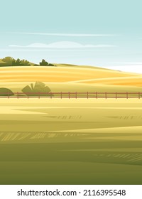 Rural landscape sunny day agriculture farm field vector countryside background illustration