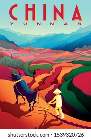 Paisagem rural em dia ensolarado na província de Yunnan, China, com camponeses, touros, campos de flores e montanhas ao fundo. Ilustração vetorial de desenho artesanal. Cartaz no estilo Art Déco.