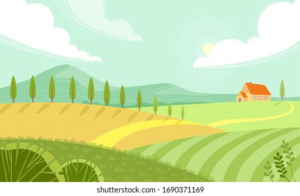 Rural landscape with sunny summer day in the village. Beautiful summer fields landscape with green hills, bright color blue sky and house. Country background. Green landscape with yellow fields. 