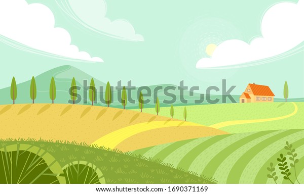 Rural landscape with sunny summer day in the village.\
Beautiful summer fields landscape with green hills, bright color\
blue sky and house. Country background. Green landscape with yellow\
fields. 