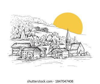 Rural landscape with sunrise. Italy, Europe. Santa Maddalena. Val di Funes valley. Sketch illustration with a church, village houses on the hill. Vintage design for print, postcard. Raster version