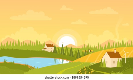 Rural landscape with sunrise vector illustration. Cartoon scenery with farm houses on green grassland hills, path among farmland fields, summer nature and sun over horizon, pastoral scene background