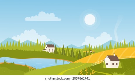 Rural landscape with sunrise vector illustration. Cartoon scenery with farm houses on green grassland hills, path among farmland fields, summer nature and sun over horizon, pastoral scene background