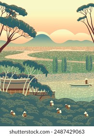 Rural landscape with a tea plantation, a Chinese village, and boat on the river. Handmade drawing vector illustration. Traditional chinese guohua painting style with elements of pointillism.