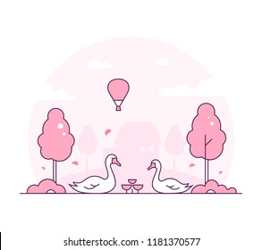 Rural landscape - thin line design style vector illustration. Pink colored high quality composition with two swans, trees, bush, balloon in the sky. Silhouette of a small house on the background