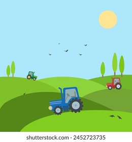 Rural landscape with three tractors plowing the fields and black crows looking for food. Sunny day outside. Flat vector illustration.