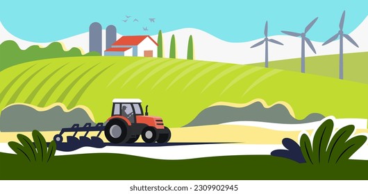 Paisaje rural con tractor. Agricultura