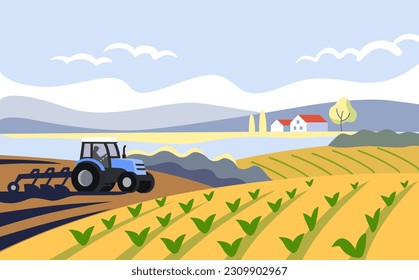 Rural landscape with tractor. Agriculture