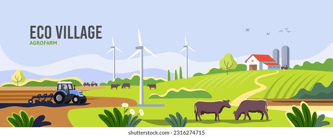 Rural landscape with tractor and cows. Agriculture