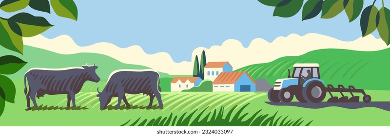 Rural landscape with tractor and cows. Agriculture