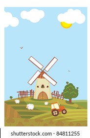 Rural landscape with a tractor in the field a mill and sheep