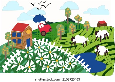 Rural landscape with a tractor. Fields with flowers and sheep. Country houses and a tractor. Fields with clouds. Pastoral picture. Children's illustration in the style of a collage. 