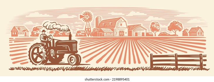 Rural landscape with tractor. Hand drawn