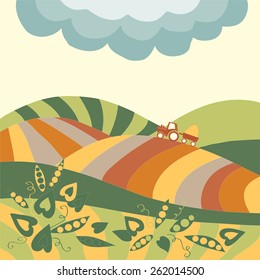 Rural landscape with tractor. Vector illustration with hand drawn elements. Agricultural background.