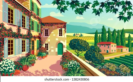 Rural landscape with traditional houses, flowers, farms, meadows, fields, trees, forests, mountains in the background. Handmade drawing vector illustration. Flat design.