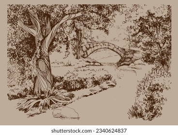 Rural landscape, tree and bridge. Vector hand drawn vintage engraved sketch.
