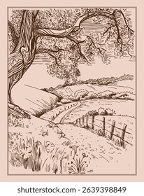 Rural landscape, tree and farm. Hand sketch converted to vector.
