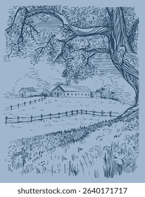Rural landscape, tree and farm. Hand sketch converted to vector.
