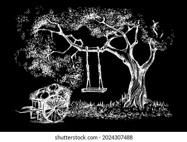 Rural landscape, tree and farm. Vector sketch illustration