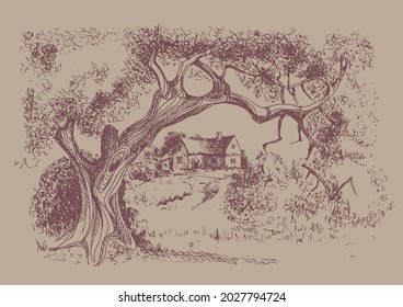 Rural landscape, tree and farm. Vector sketch illustration