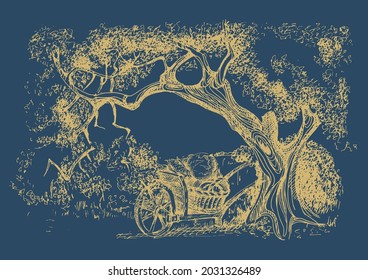 Rural landscape, tree and farm. Vector hand drawn vintage engraved sketch.