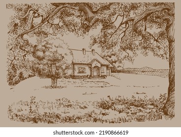 Rural landscape, tree and farm. Vector hand drawn vintage engraved sketch. Vector hand drawn vintage engraved sketch.

