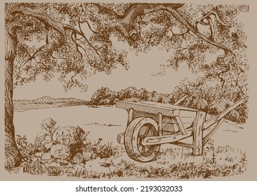 Rural landscape, tree and farm. Vector hand drawn vintage engraved sketch. Vector hand drawn vintage engraved sketch.

