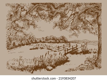 Rural landscape, tree and farm. Vector hand drawn vintage engraved sketch. Vector hand drawn vintage engraved sketch.

