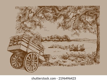 Rural landscape, tree and farm. Vector hand drawn vintage engraved sketch.