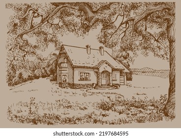 Rural landscape, tree and farm. Vector hand drawn vintage engraved sketch.