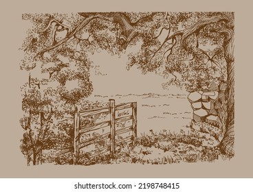 Rural landscape, tree and farm. Vector hand drawn vintage engraved sketch.