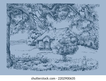 Rural landscape, tree and farm. Vector hand drawn vintage engraved sketch.
