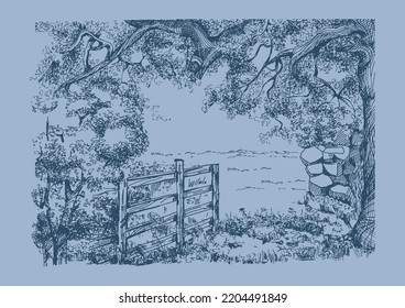 Rural Landscape, Tree And Farm. Vector Hand Drawn Vintage Engraved Sketch.
